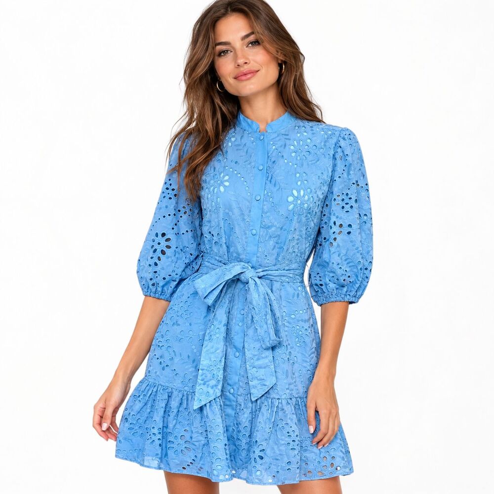 Karen Millen Cotton Broderie Belted Mini Dress US 10 Blue Eyelet NWT
